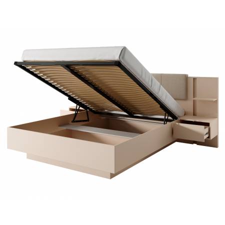 Łóżko 160 x 200 cm stelaż metal pojemnik stoliki + LED beż DAVE